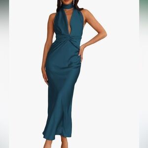 Satin Teal Green Party Dress Halter Midi